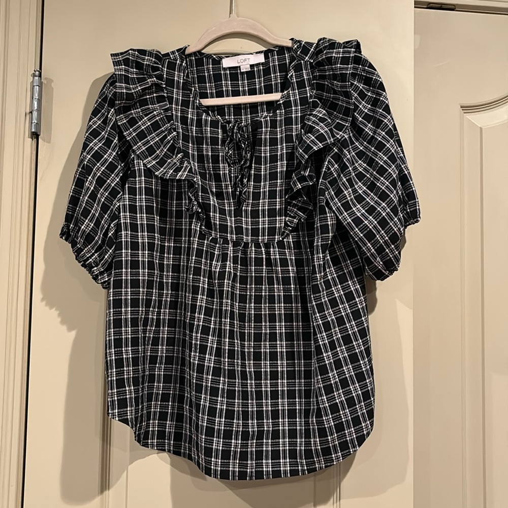 Loft Plaid Ruffle Bib Tie Neck Blouse